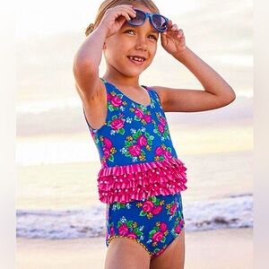 MATILDA JANE Blue and Pink Floral Snorkeling Ruffle One Piece Swimsuit- 6